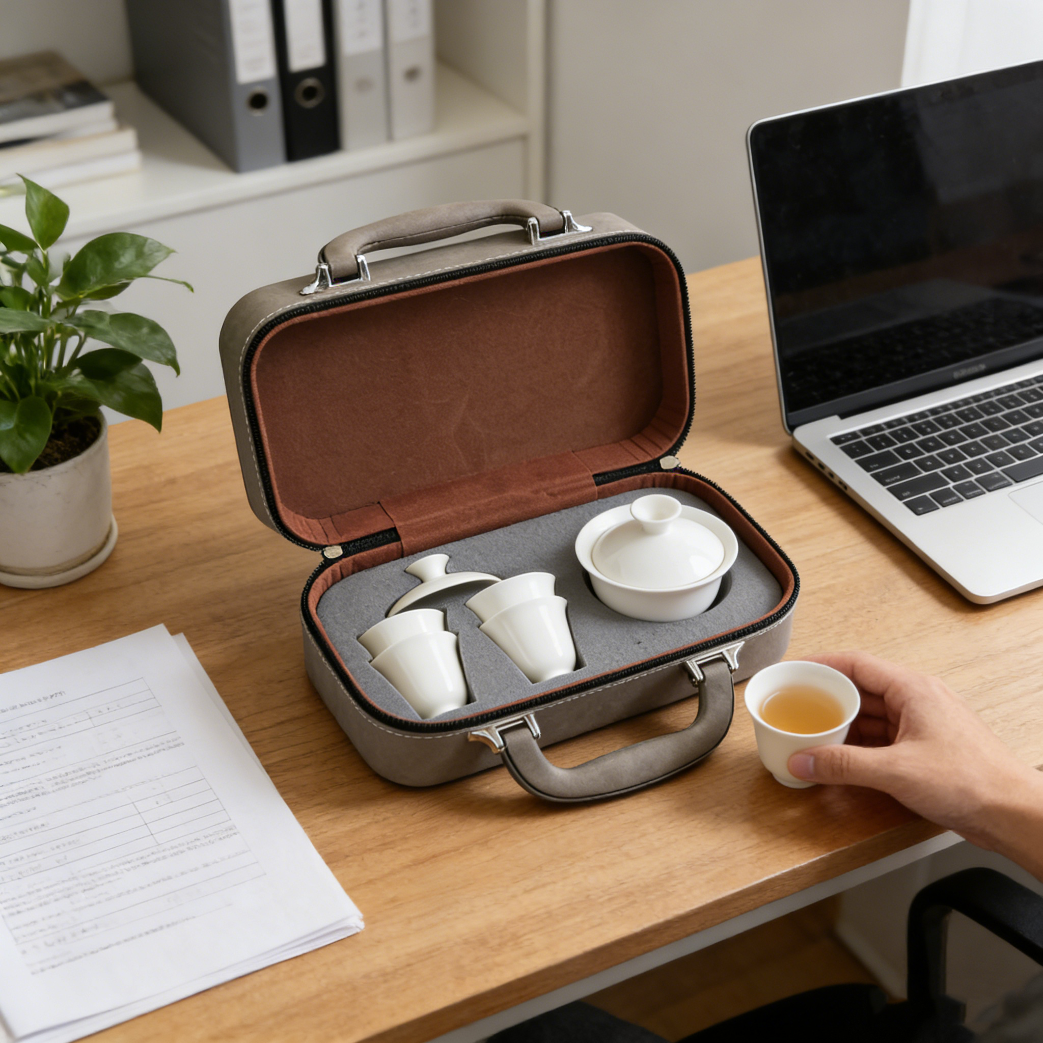 Cuopru Portable Travel Tea Set, 5-Piece White Porcelain Gaiwan Tea Set with Carry Case - Image 6