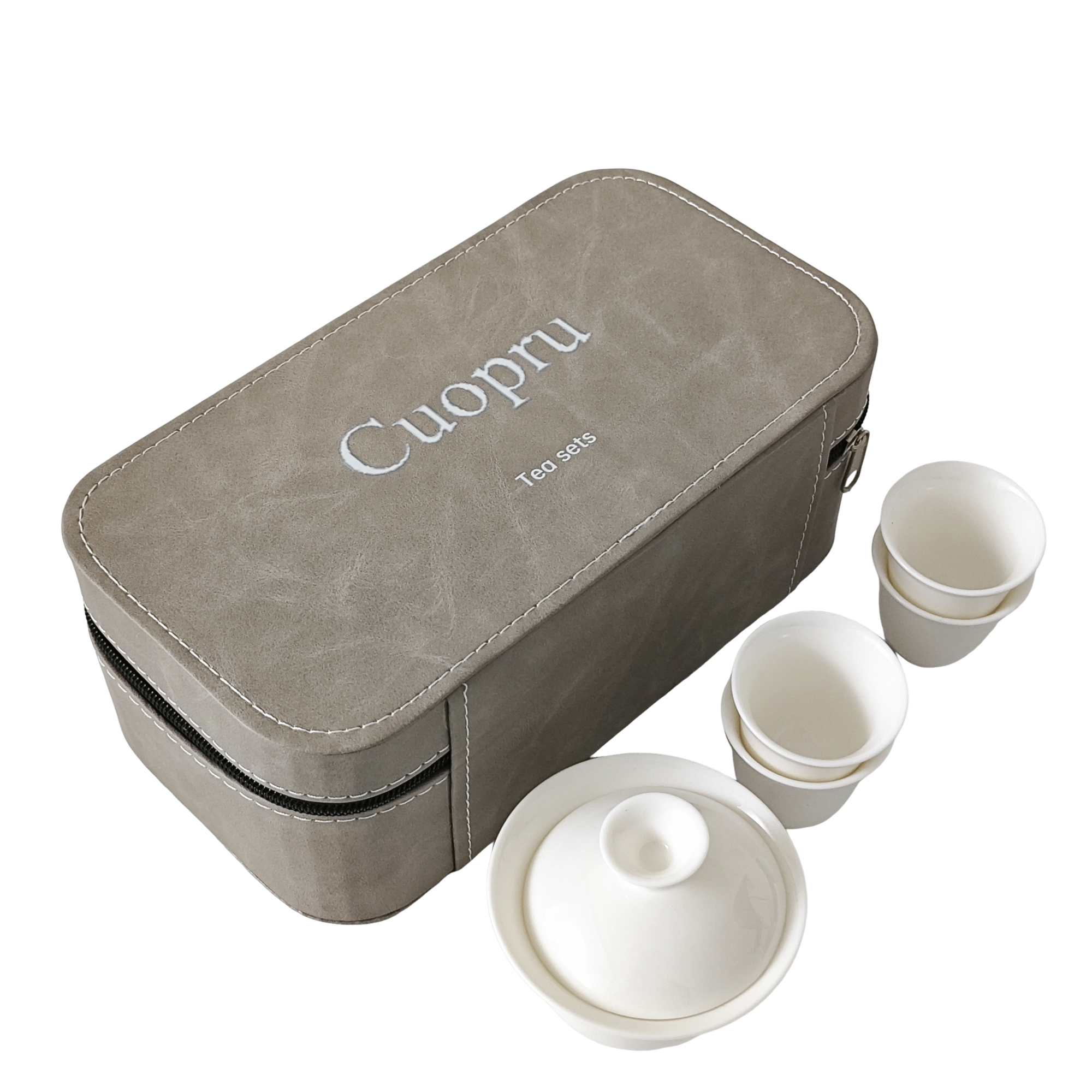 Cuopru Portable Travel Tea Set, 5-Piece White Porcelain Gaiwan Tea Set with Carry Case - Image 4