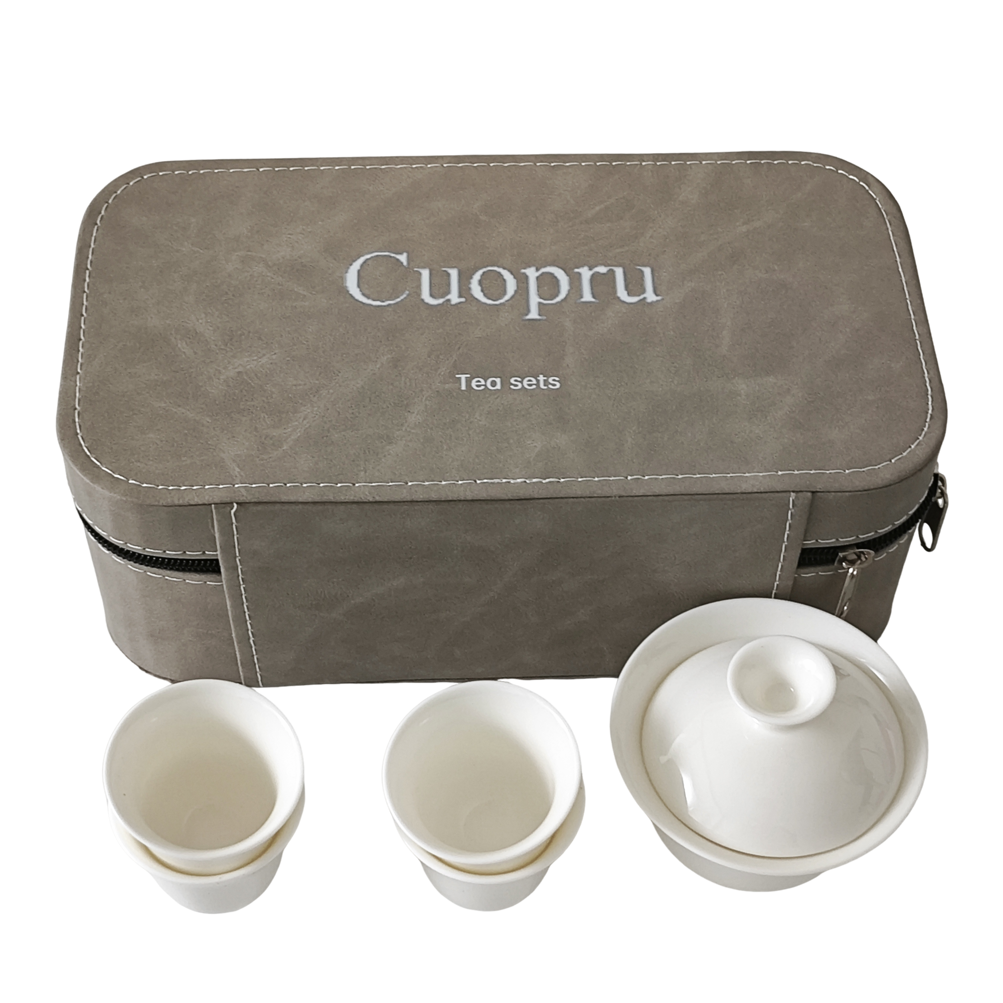 Cuopru Portable Travel Tea Set, 5-Piece White Porcelain Gaiwan Tea Set with Carry Case - Image 5